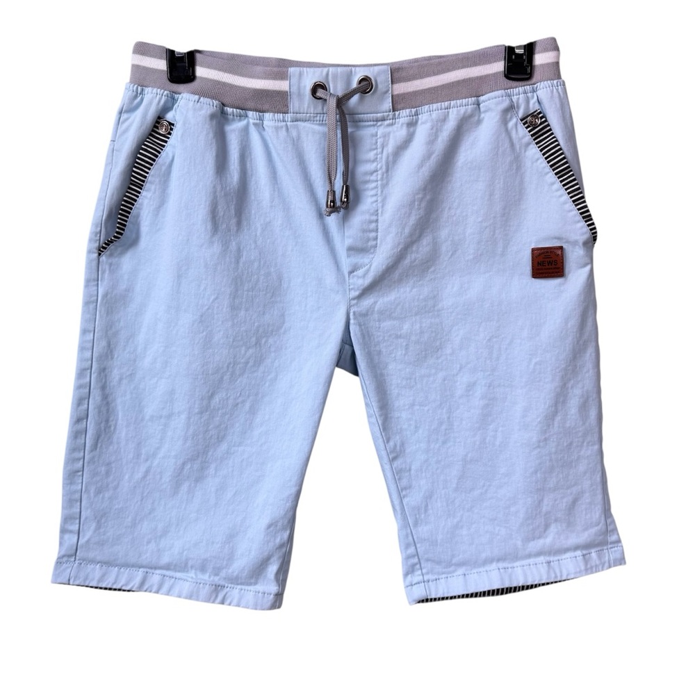 Tansozer Casual Cotten Linen Blend Light Blue Shorts with Striped Accents EUC